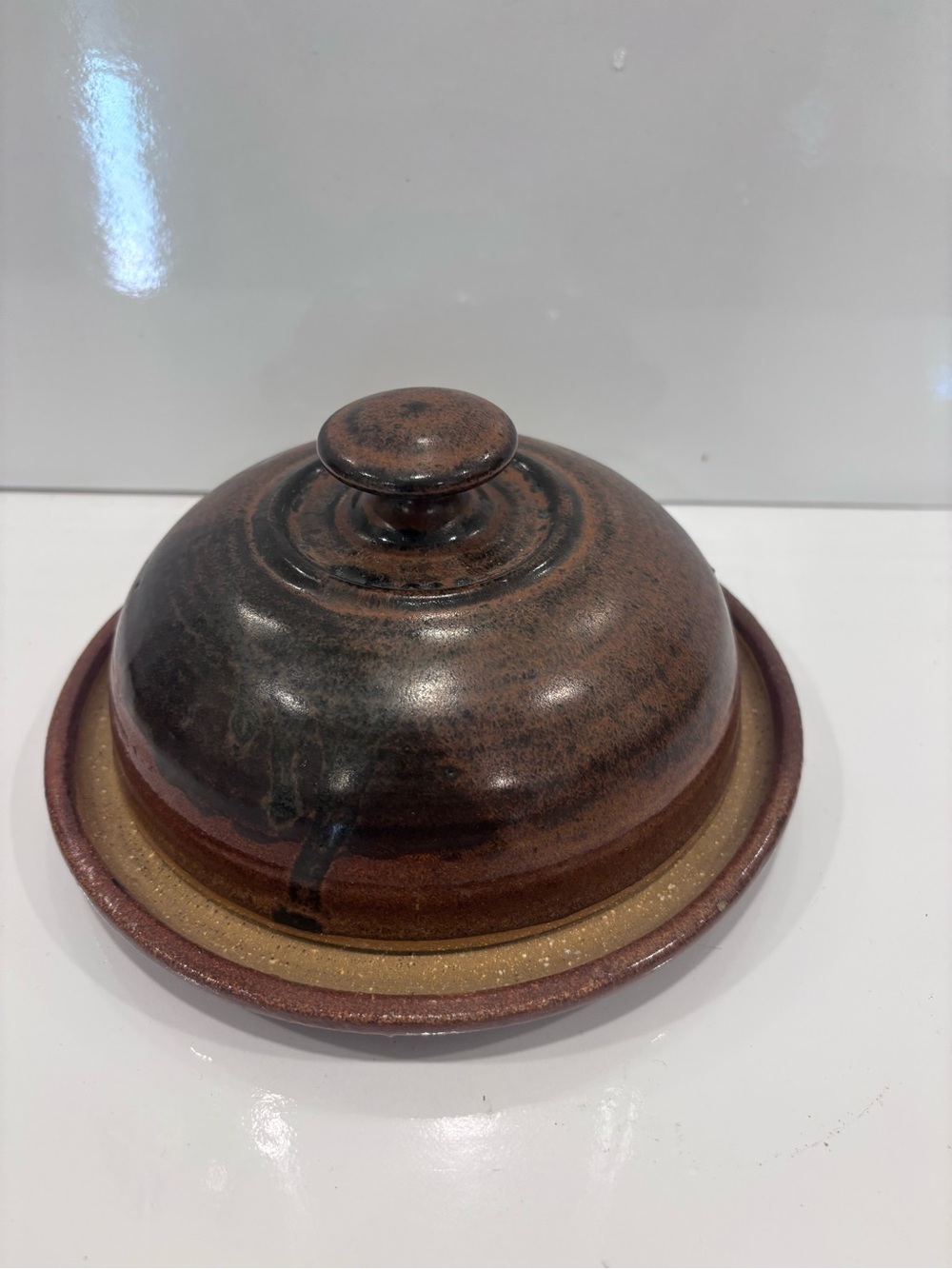 Studio Pottery Butter Dish Cheese Dome Handmade Stoneware Brown Drip Glaze